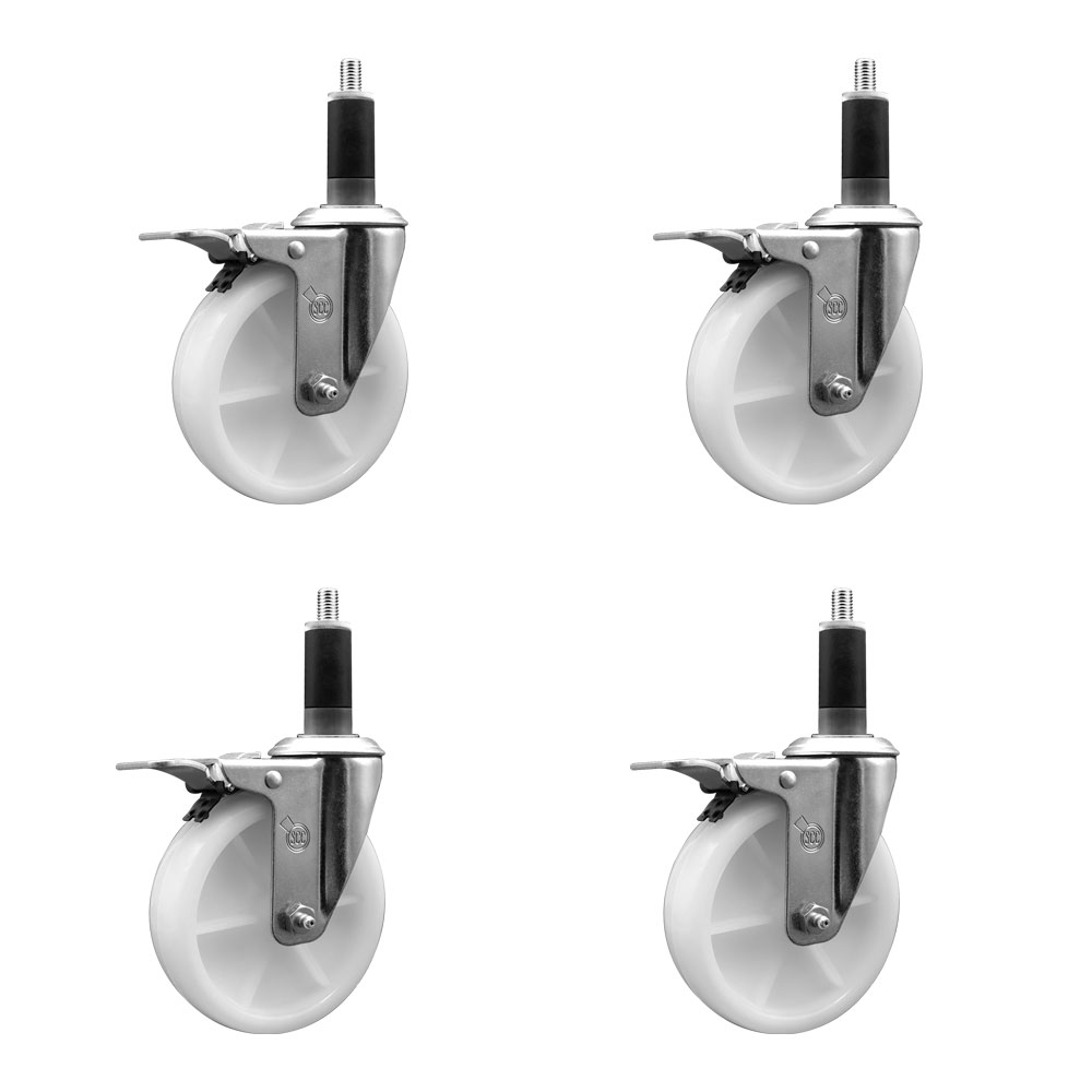 Stainless Steel Nylon Swivel Expanding Stem Caster Set of 4 with 5 Inch White Wheels and 1-1/8" Stems - Includes 4 Swivel with Total Lock Brakes - 1200 lbs. Total Capacity - Service Caster Brand — photo 1