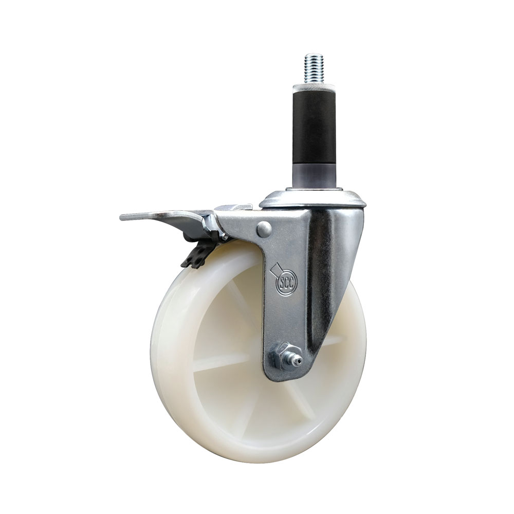 Stainless Steel Nylon Expanding Stem Swivel Caster with 5 Inch White Wheel and 1-1/8" Stem & Total Locking Brake - 300 lbs. Capacity Per Caster - Service Caster Brand — photo 1