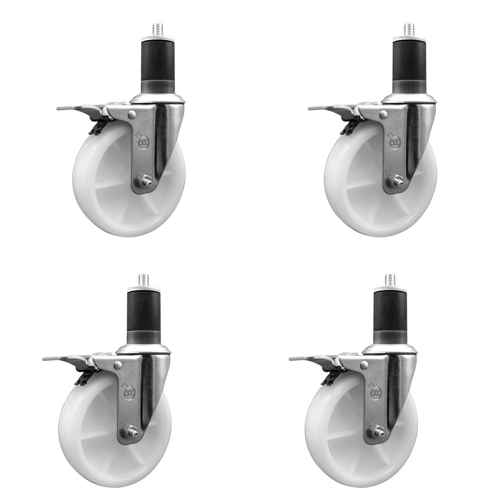 Stainless Steel Nylon Swivel Expanding Stem Caster Set of 4 with 5 Inch White Wheels and 1-5/8" Stems  - Includes 4 Swivel with Total Lock Brakes - 1200 lbs. Total Capacity - Service Caster Brand — photo 1
