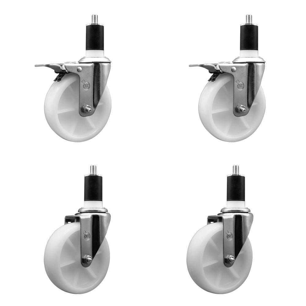Nylon Swivel Expanding Stem Caster Set of 4 with 5 Inch White Wheels and 1-1/2" Stems - Includes 2 Swivel with Total Locking Brakes and 2 Swivel - 1200 lbs. Total Capacity - Service Caster Brand — photo 1
