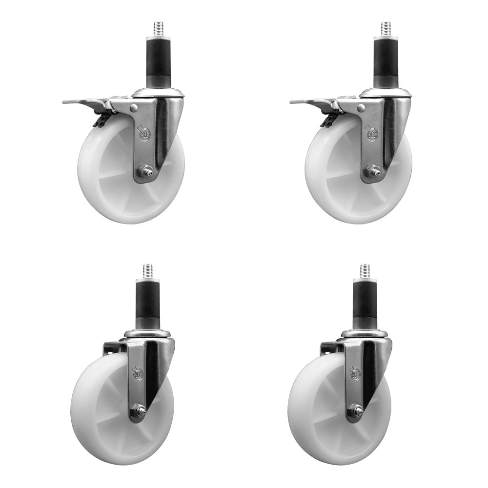 Nylon Swivel Expanding Stem Caster Set of 4 with 5 Inch White Wheels and 1-1/4" Stems  - Includes 2 Swivel with Total Locking Brakes and 2 Swivel - 1200 lbs. Total Capacity - Service Caster Brand — photo 1