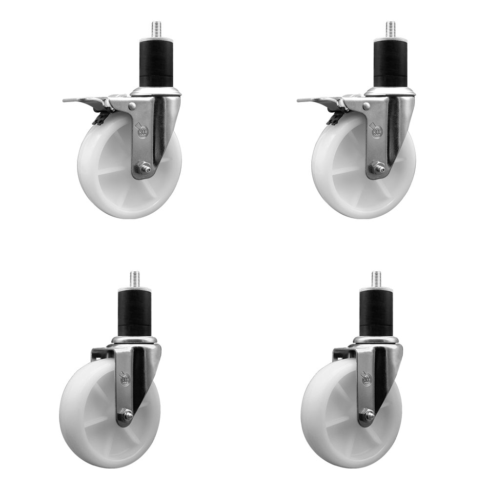 Nylon Swivel Expanding Stem Caster Set of 4 with 5 Inch White Wheels and 1-3/4" Stems  - Includes 2 Swivel with Total Locking Brakes and 2 Swivel - 1200 lbs. Total Capacity - Service Caster Brand — photo 1
