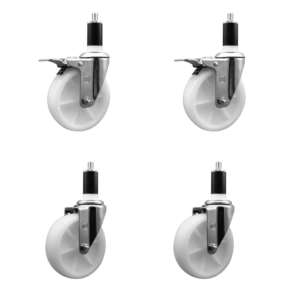 Nylon Swivel Expanding Stem Caster Set of 4 with 5 Inch White Wheels and 1-3/8" Stems  - Includes 2 Swivel with Total Locking Brakes and 2 Swivel - 1200 lbs. Total Capacity - Service Caster Brand — photo 1