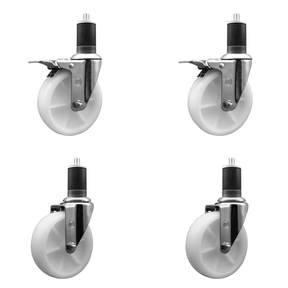 Nylon Swivel Expanding Stem Caster Set of 4 with 5 Inch White Wheels and 1-5/8" Stems  - Includes 2 Swivel with Total Locking Brakes and 2 Swivel - 1200 lbs. Total Capacity - Service Caster Brand — photo 1