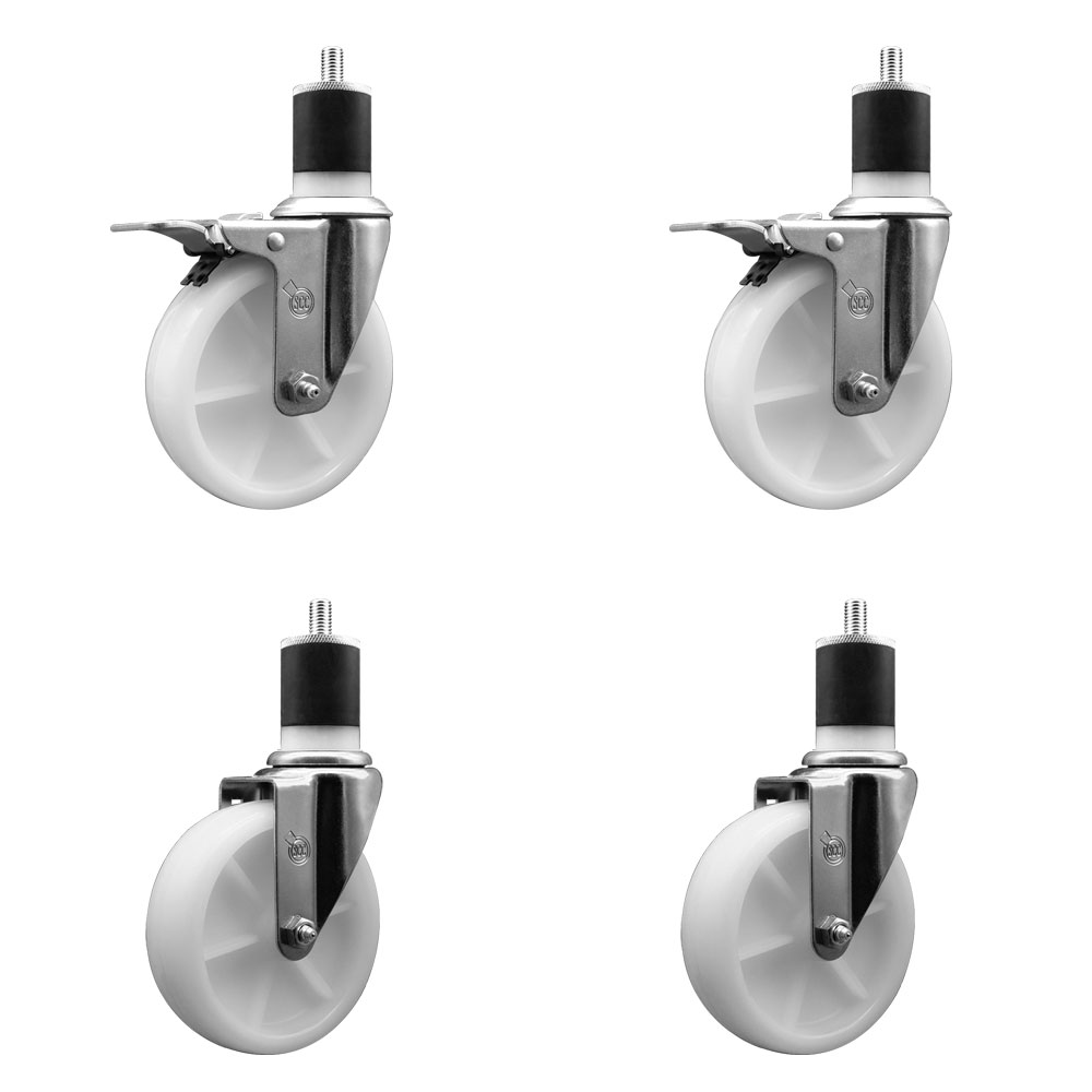 Nylon Swivel Expanding Stem Caster Set of 4 with 5 Inch White Wheels and 1-7/8" Stems  - Includes 2 Swivel with Total Locking Brakes and 2 Swivel - 1200 lbs. Total Capacity - Service Caster Brand — photo 1