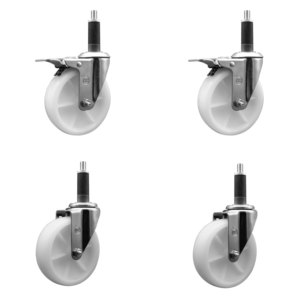Stainless Steel Nylon Swivel Expanding Stem Caster Set of 4 with 5 Inch White Wheels and 1" Stems - Includes 2 Swivel with Total Locking Brakes - 1200 lbs. Total Capacity - Service Caster Brand — photo 1