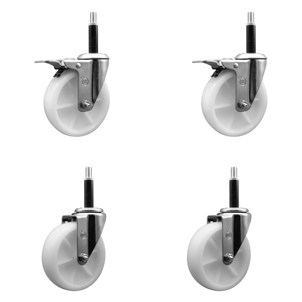Stainless Steel Nylon Swivel Expanding Stem Caster Set of 4 with 5 Inch White Wheels and 3/4" Stems - Includes 2 Swivel with Total Locking Brakes - 1200 lbs. Total Capacity - Service Caster Brand — photo 1