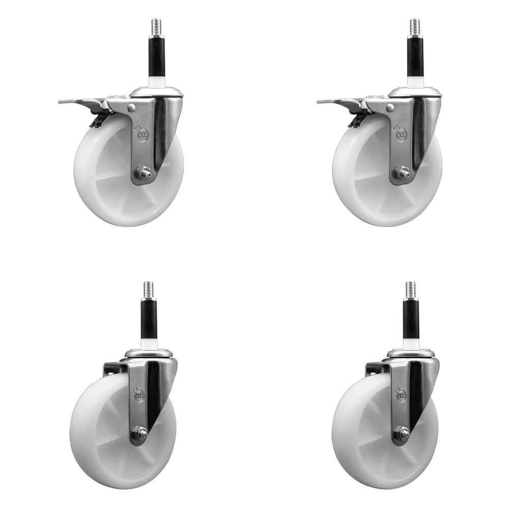 Nylon Swivel Expanding Stem Caster Set of 4 with 5 Inch White Wheels and 7/8" Stems - Includes 2 Swivel with Total Locking Brakes and 2 Swivel - 1200 lbs. Total Capacity - Service Caster Brand — photo 1