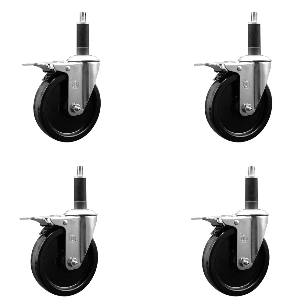 Phenolic Swivel Expanding Stem Caster Set of 4 with Roller Bearings - 5" x 1.25" Black Wheels and 1" Stems - Includes 4 with Total Lock Brakes - 1200 lbs Total Capacity - Service Caster Brand — photo 1