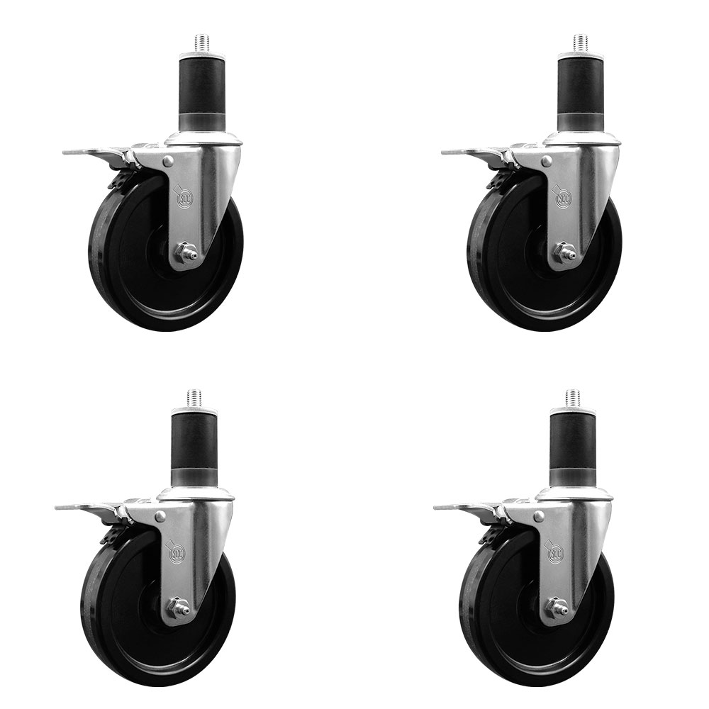 Phenolic Swivel Expanding Stem Caster Set of 4 with Roller Bearings - 5" x 1.25" Black Wheels and 1-5/8" Stems - Includes 4 with Total Lock Brakes - 1200 lbs Total Capacity - Service Caster Brand — photo 1