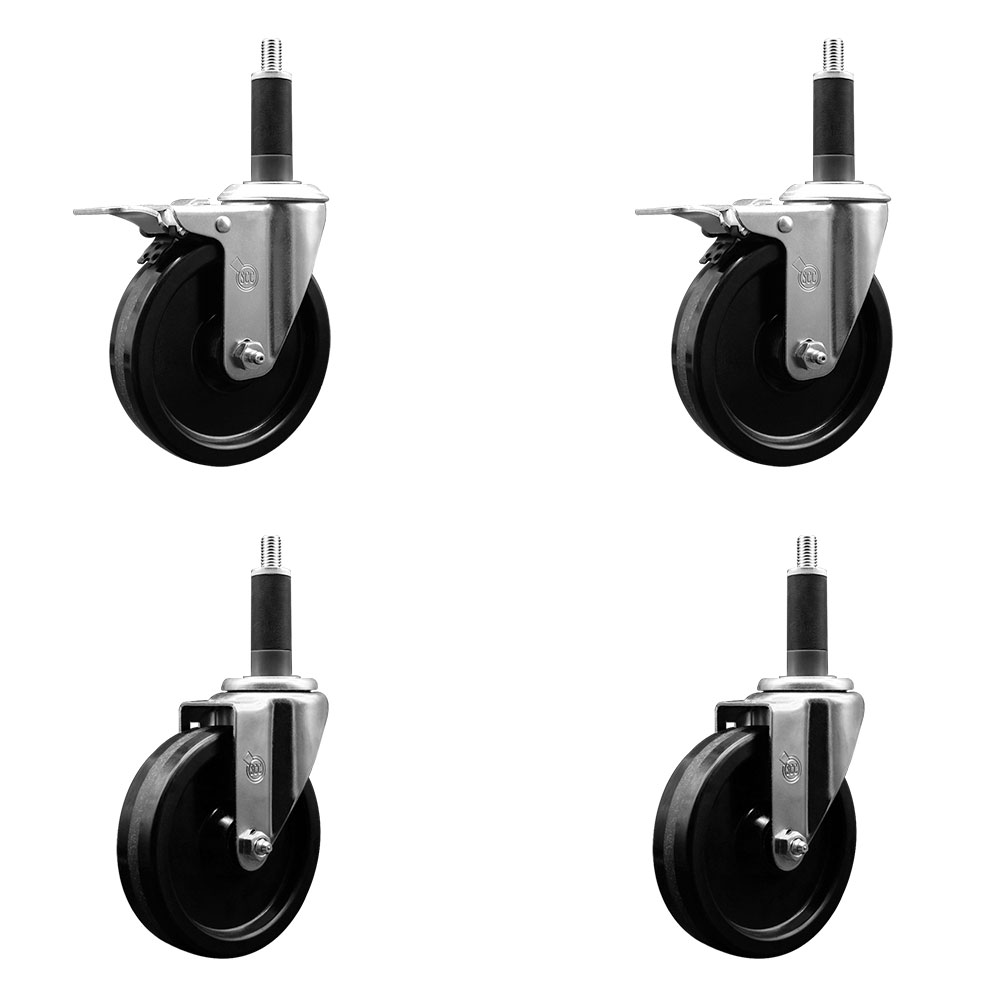 Phenolic Swivel Expanding Stem Caster Set of 4 w/Roller Bearings - 5" x 1.25" Black Wheels and 1" Stems - Includes 2 with Total Locking Brakes - 1200 lbs Total Capacity - Service Caster Brand — photo 1