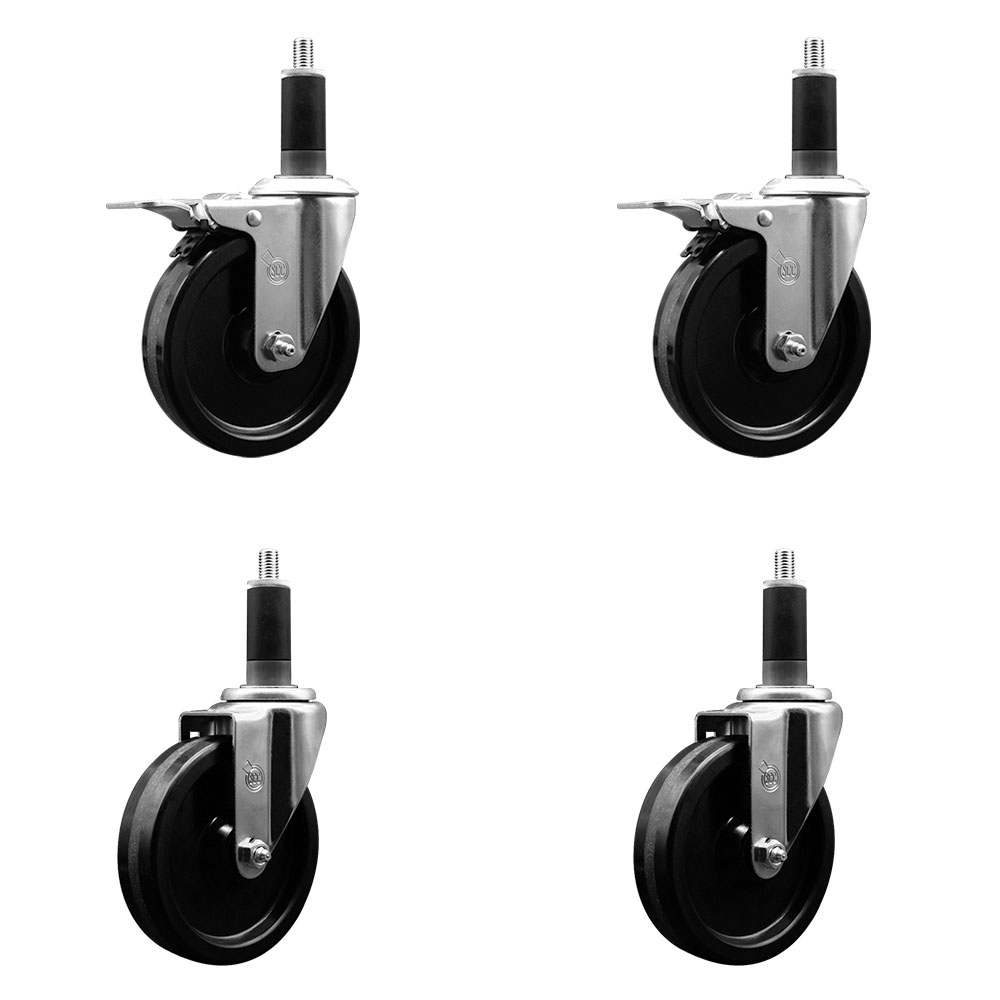 Phenolic Swivel Expanding Stem Caster Set of 4 w/Roller Bearings - 5" x 1.25" Black Wheels and 1-1/8" Stems - Includes 2 with Total Locking Brakes - 1200 lbs Total Capacity - Service Caster Brand — photo 1