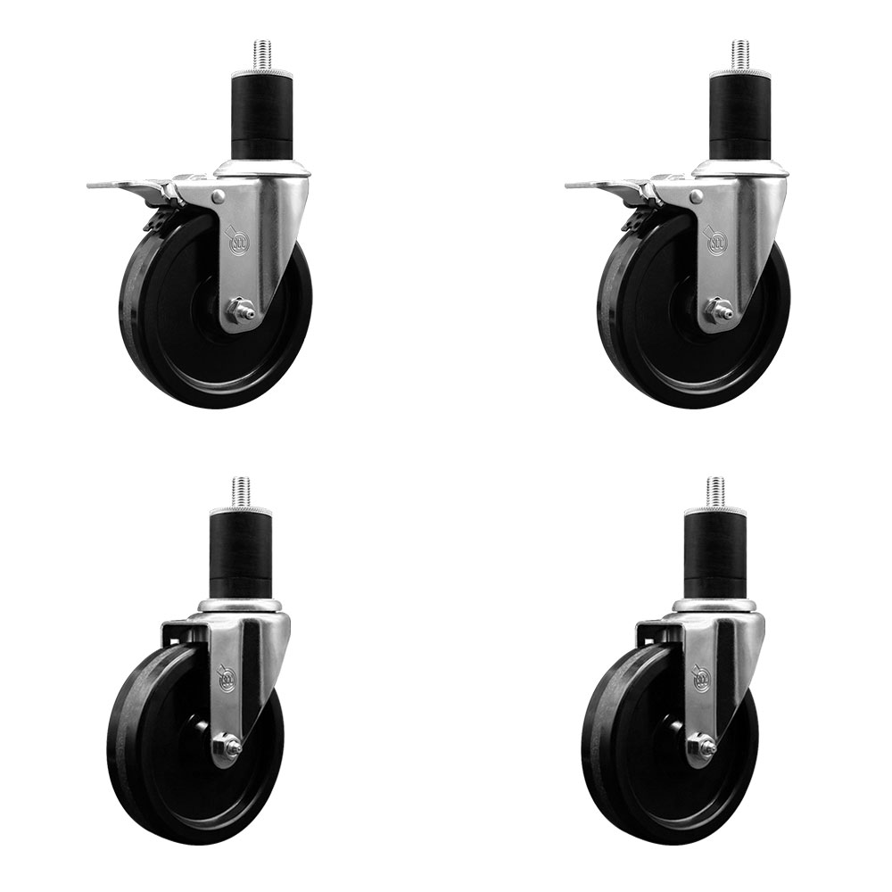 Phenolic Swivel Expanding Stem Caster Set of 4 w/Roller Bearings - 5" x 1.25" Black Wheels and 1-3/4" Stems - Includes 2 with Total Locking Brakes - 1200 lbs Total Capacity - Service Caster Brand — photo 1