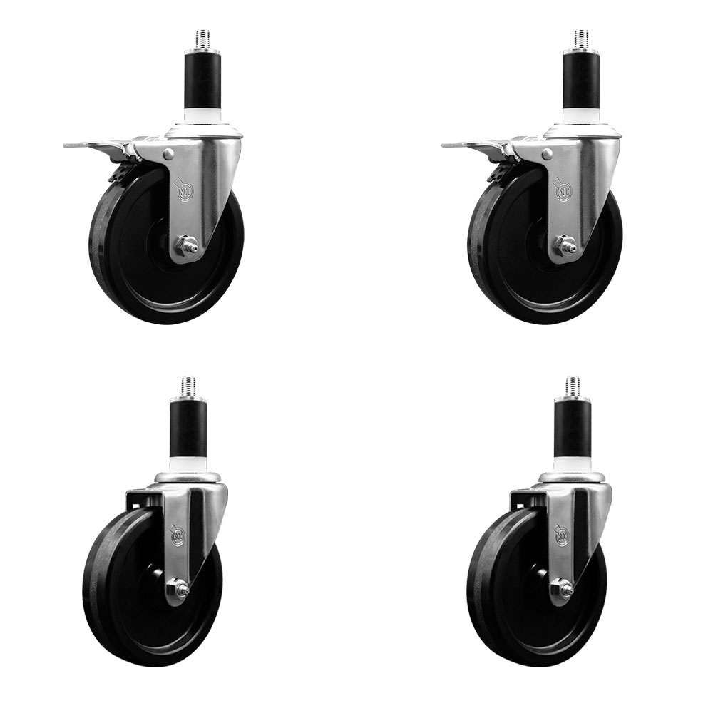 Phenolic Swivel Expanding Stem Caster Set of 4 w/Roller Bearings - 5" x 1.25" Black Wheels and 1-3/8" Stems - Includes 2 with Total Locking Brakes - 1200 lbs Total Capacity - Service Caster Brand — photo 1