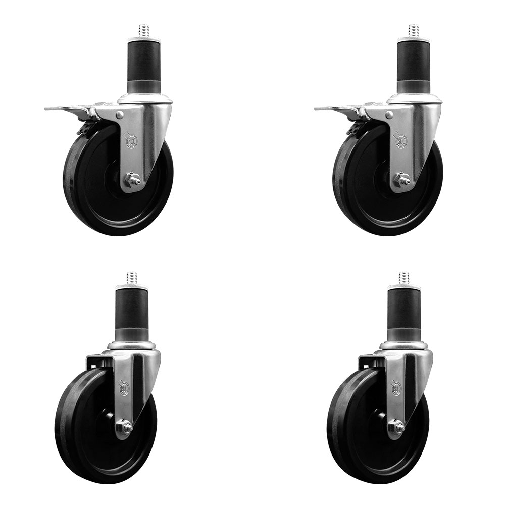 Phenolic Swivel Expanding Stem Caster Set of 4 with 5 Inch Black Wheels and 1-5/8" Stems - Includes 2 with Total Locking Brakes - 1200 lbs Total Capacity - Service Caster Brand — photo 1