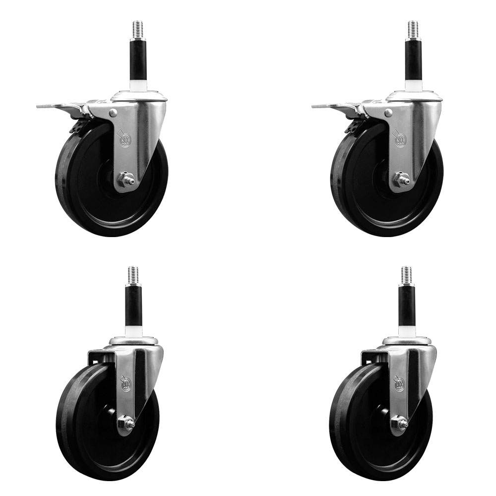 Phenolic Swivel Expanding Stem Caster Set of 4 with 5 Inch Black Wheels and 7/8" Stems - Includes 2 with Total Locking Brakes - 1200 lbs Total Capacity - Service Caster Brand — photo 1