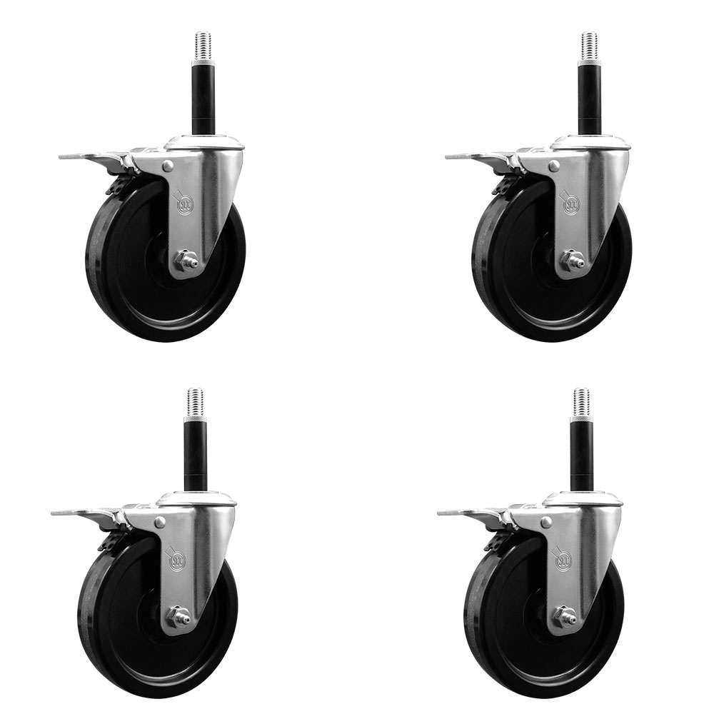 Phenolic Swivel Expanding Stem Caster Set of 4 with Roller Bearings - 5" x 1.25" Black Wheels and 3/4" Stems - Includes 4 with Total Lock Brakes - 1200 lbs Total Capacity - Service Caster Brand — photo 1