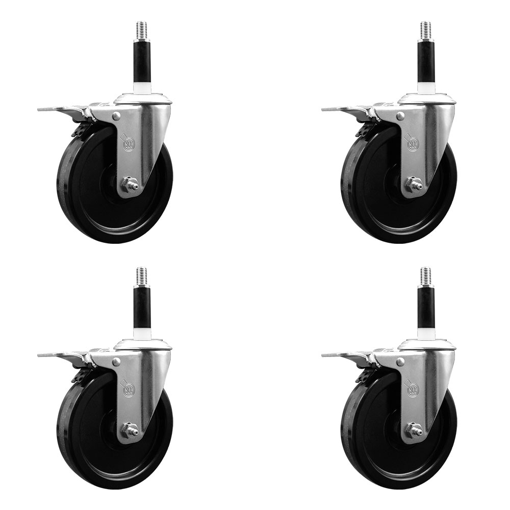 Phenolic Swivel Expanding Stem Caster Set of 4 with Roller Bearings - 5" x 1.25" Black Wheels and 7/8" Stems - Includes 4 with Total Lock Brakes - 1200 lbs Total Capacity - Service Caster Brand — photo 1