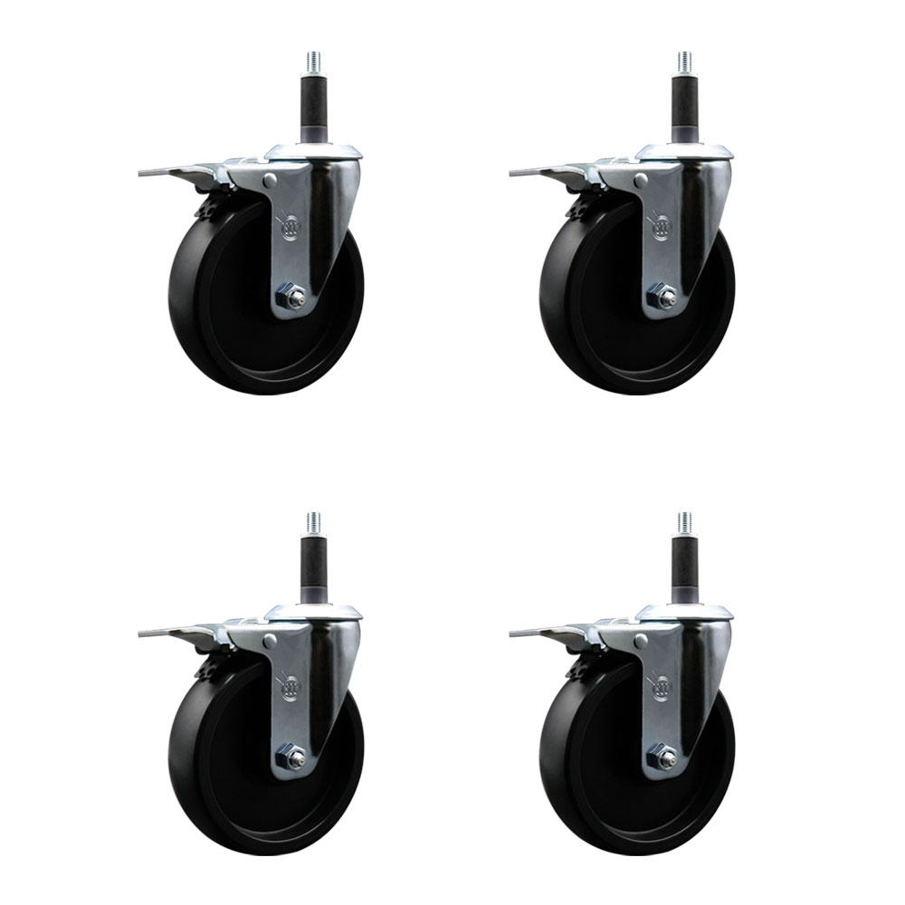 Polyolefin Swivel Expanding Stem Caster Wheels Set of 4 with 5 Inch Black Wheels and 1" Stems - Includes 4 Swivel with Total Lock Brakes - 1400 lbs. Total Capacity - Service Caster Brand — photo 1