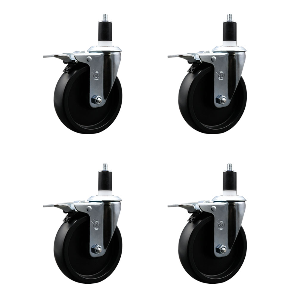 Polyolefin Swivel Expanding Stem Caster Wheels Set of 4 with 5 Inch Black Wheels and 1-1/2" Stems - Includes 4 Swivel with Total Lock Brakes - 1400 lbs. Total Capacity - Service Caster Brand — photo 1