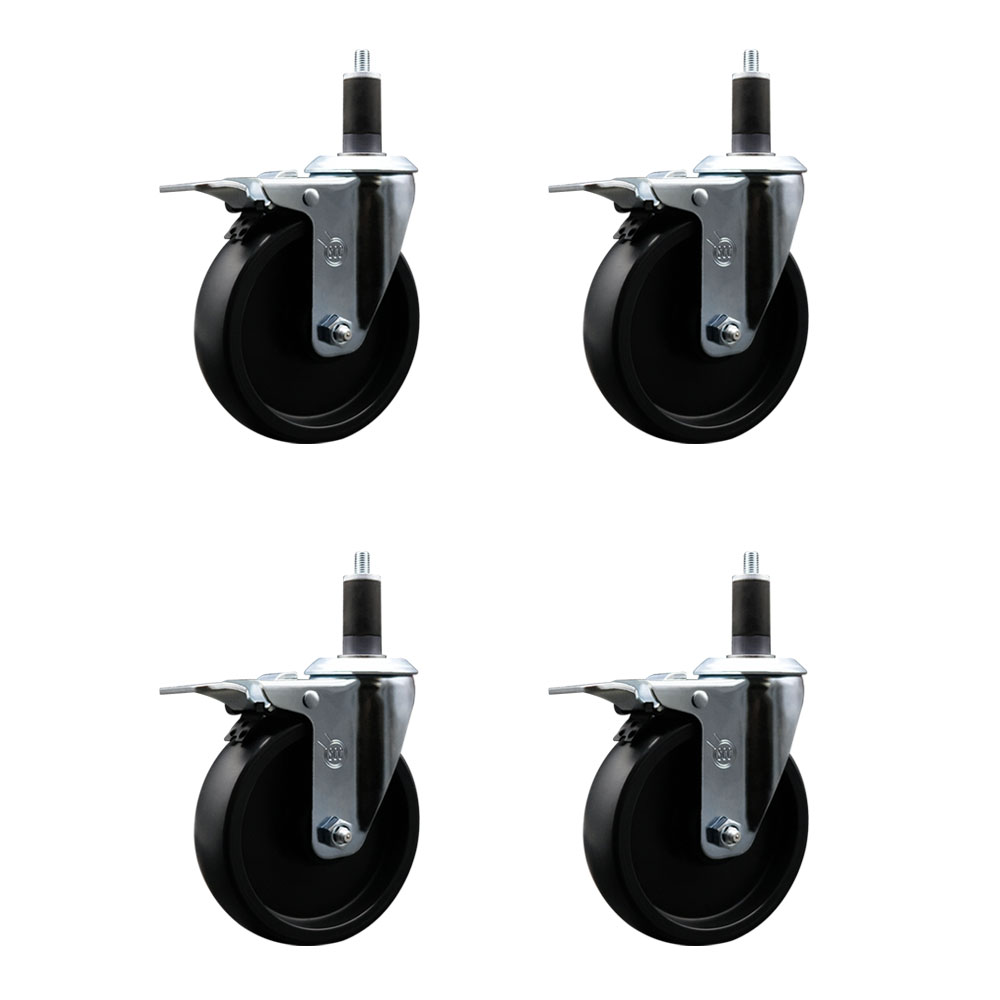 Polyolefin Swivel Expanding Stem Caster Wheels Set of 4 with 5 Inch Black Wheels and 1-1/4" Stems - Includes 4 Swivel with Total Lock Brakes - 1400 lbs. Total Capacity - Service Caster Brand — photo 1