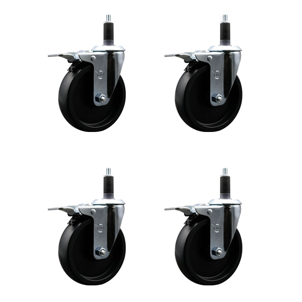 Polyolefin Swivel Expanding Stem Caster Wheels Set of 4 with 5 Inch Black Wheels and 1-1/8" Stems - Includes 4 Swivel with Total Lock Brakes - 1400 lbs. Total Capacity - Service Caster Brand — photo 1