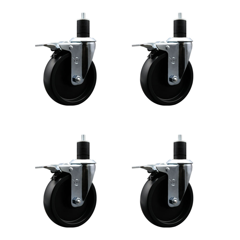 Polyolefin Swivel Expanding Stem Caster Wheels Set of 4 with 5 Inch Black Wheels and 1-3/4" Stems - Includes 4 Swivel with Total Lock Brakes - 1400 lbs. Total Capacity - Service Caster Brand — photo 1