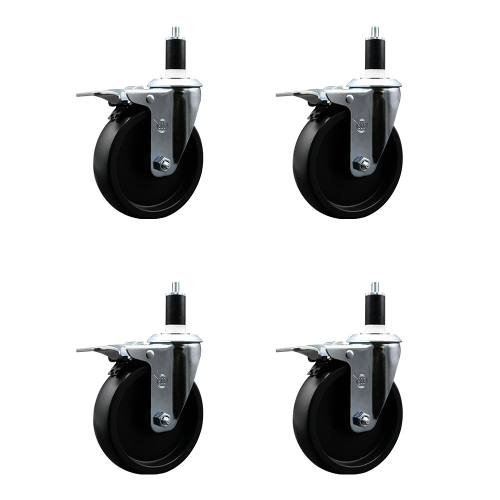 Polyolefin Swivel Expanding Stem Caster Wheels Set of 4 with 5 Inch Black Wheels and 1-3/8" Stems - Includes 4 Swivel with Total Lock Brakes - 1400 lbs. Total Capacity - Service Caster Brand — photo 1