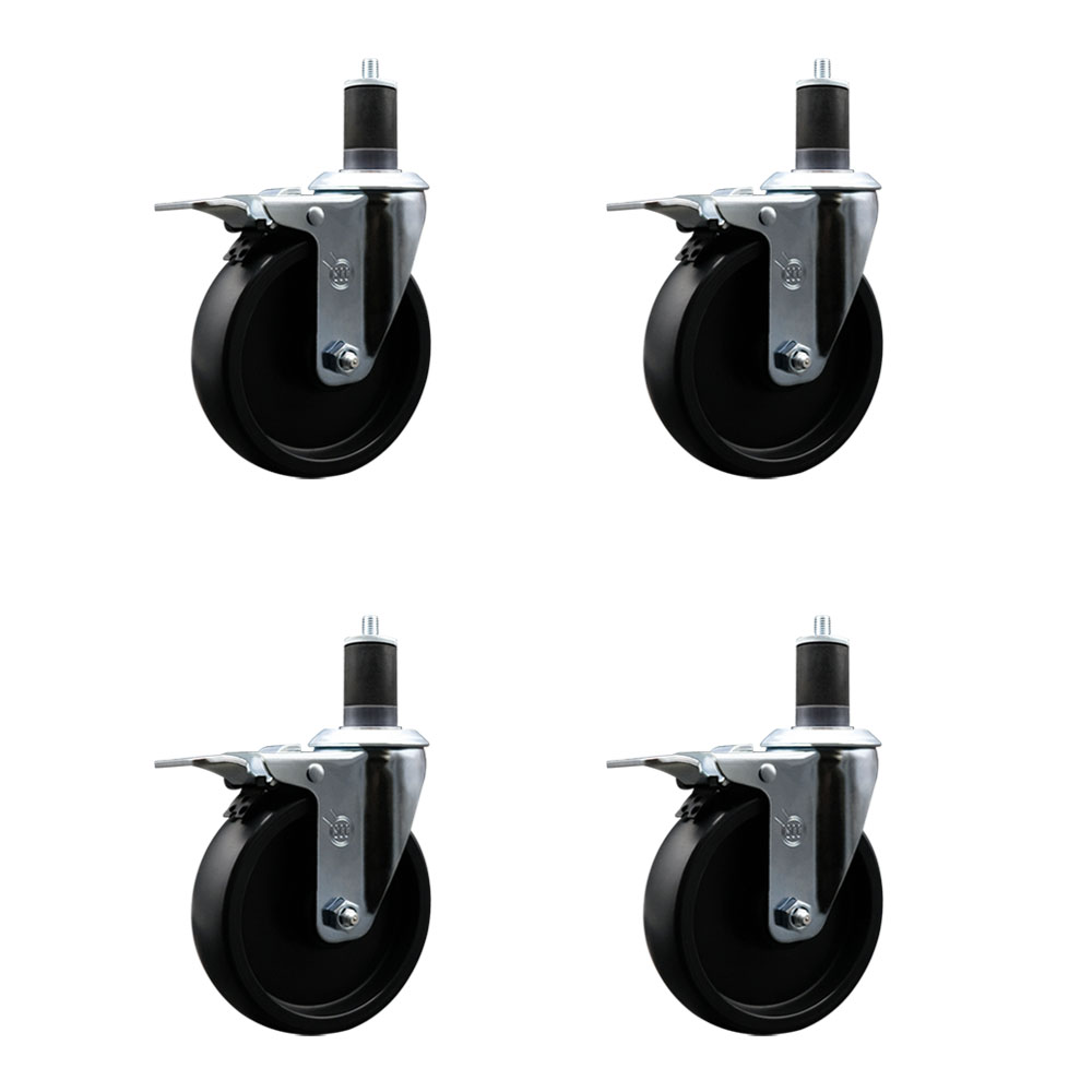 Polyolefin Swivel Expanding Stem Caster Wheels Set of 4 with 5 Inch Black Wheels and 1-5/8" Stems - Includes 4 Swivel with Total Lock Brakes - 1400 lbs. Total Capacity - Service Caster Brand — photo 1
