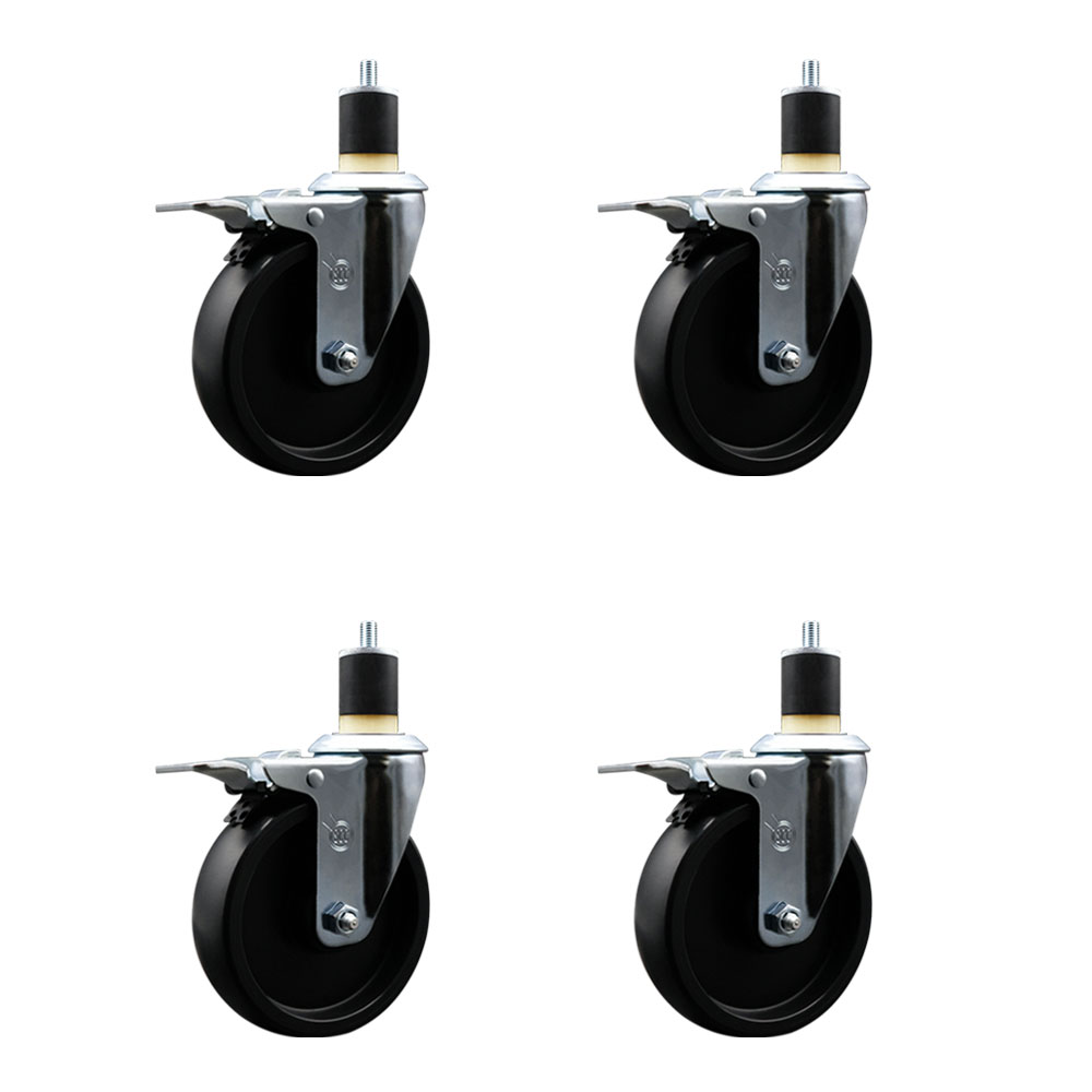 Polyolefin Swivel Expanding Stem Caster Wheels Set of 4 with 5 Inch Black Wheels and 1-7/8" Stems - Includes 4 Swivel with Total Lock Brakes - 1400 lbs. Total Capacity - Service Caster Brand — photo 1