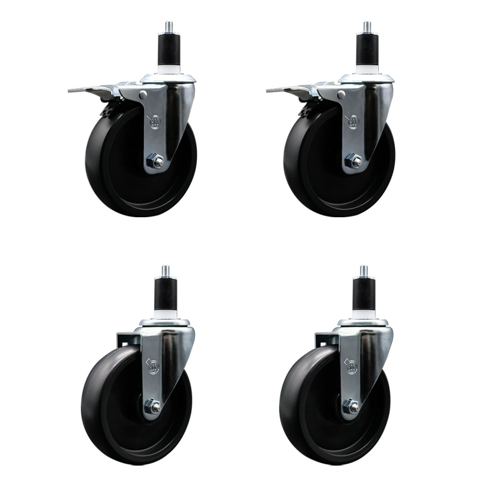 Polyolefin Swivel Expanding Stem Caster Wheels Set of 4 with 5 Inch Black Wheels and 1-1/2" Stems- Includes 2 Swivel with Total Lock Brakes and 2 Swivel-1400 lbs. Total Capacity - Service Caster Brand — photo 1