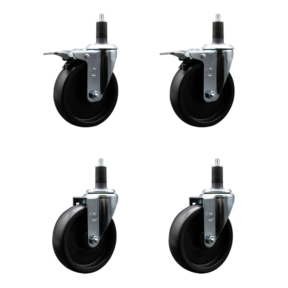 Polyolefin Swivel Expanding Stem Caster Wheels Set of 4 with 5 Inch Black Wheels and 1-1/4" Stems- Includes 2 Swivel with Total Lock Brakes and 2 Swivel-1400 lbs. Total Capacity - Service Caster Brand — photo 1