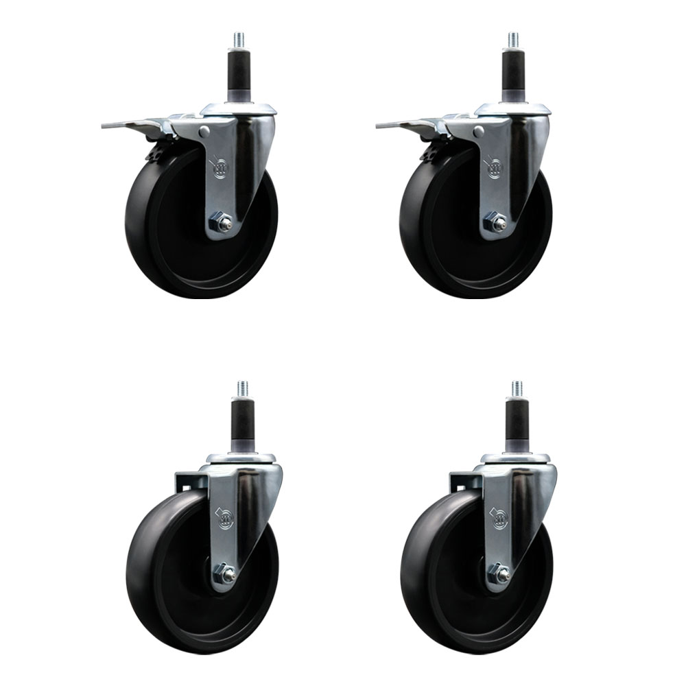 Polyolefin Swivel Expanding Stem Caster Wheels Set of 4 with 5 Inch Black Wheels and 1-1/8" Stems- Includes 2 Swivel with Total Lock Brakes and 2 Swivel-1400 lbs. Total Capacity - Service Caster Brand — photo 1