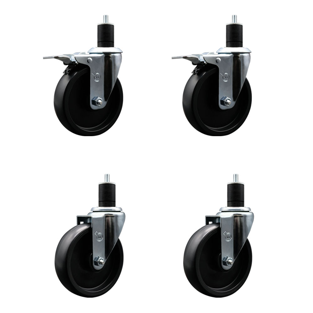 Polyolefin Swivel Expanding Stem Caster Wheels Set of 4 with 5 Inch Black Wheels and 1-3/4" Stems- Includes 2 Swivel with Total Lock Brakes and 2 Swivel-1400 lbs. Total Capacity - Service Caster Brand — photo 1