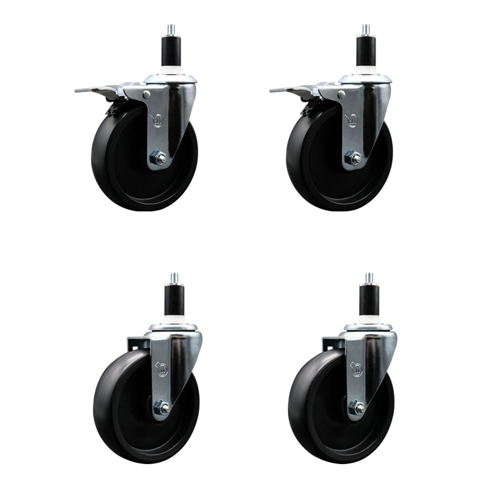 Polyolefin Swivel Expanding Stem Caster Wheels Set of 4 with 5 Inch Black Wheels and 1-3/8" Stems- Includes 2 Swivel with Total Lock Brakes and 2 Swivel-1400 lbs. Total Capacity - Service Caster Brand — photo 1