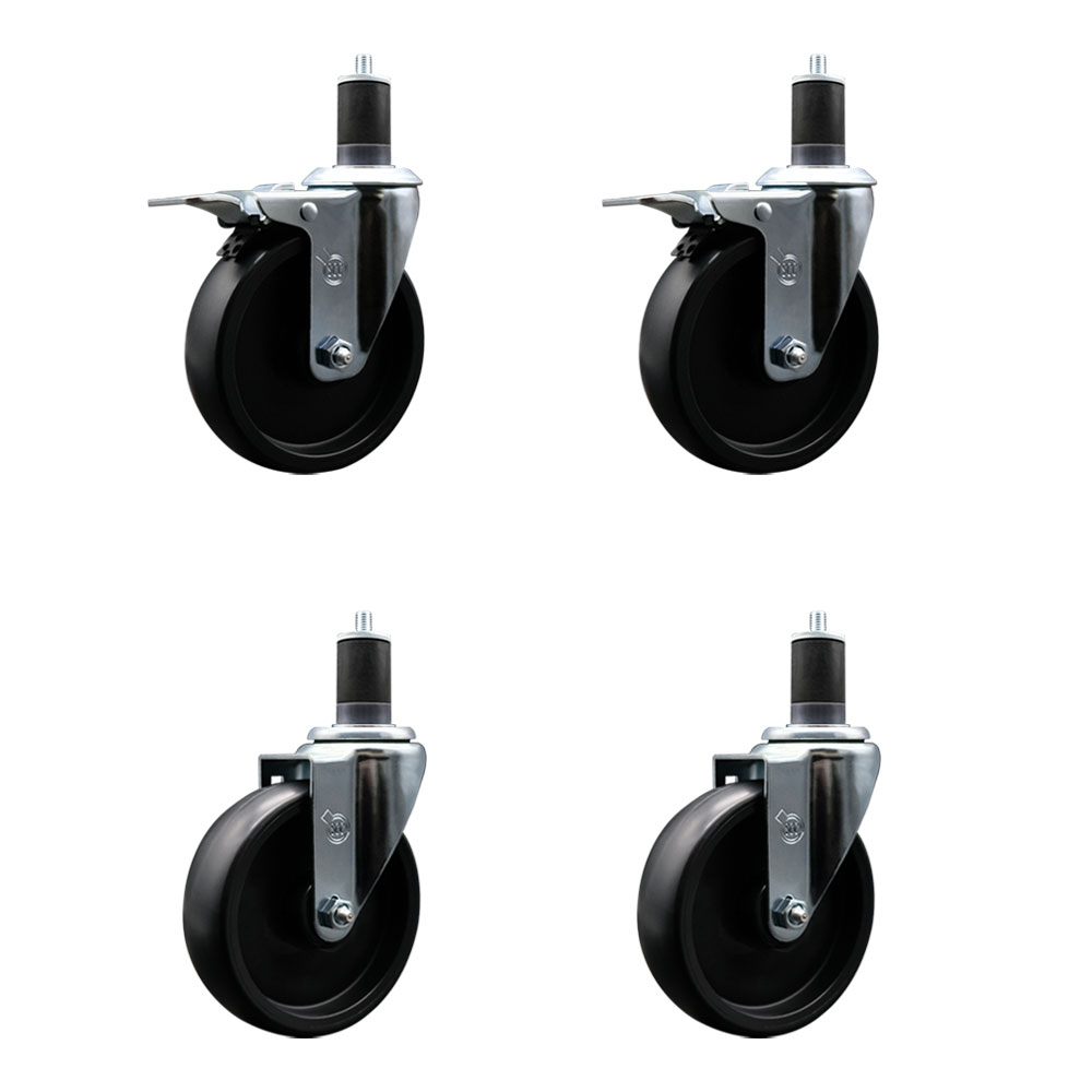 Polyolefin Swivel Expanding Stem Caster Wheels Set of 4 with 5 Inch Black Wheels and 1-5/8" Stems- Includes 2 Swivel with Total Lock Brakes and 2 Swivel-1400 lbs. Total Capacity - Service Caster Brand — photo 1
