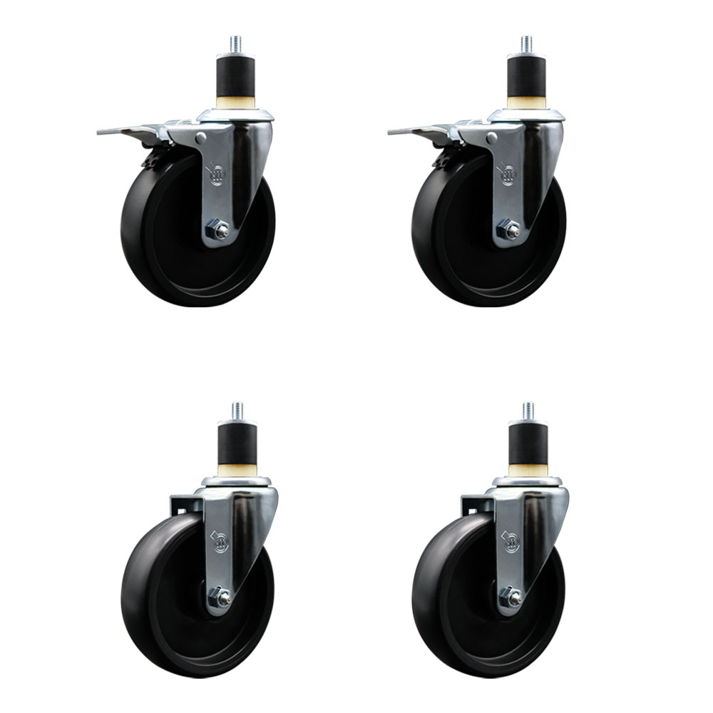 Polyolefin Swivel Expanding Stem Caster Wheels Set of 4 with 5 Inch Black Wheels and 1-7/8" Stems- Includes 2 Swivel with Total Lock Brakes and 2 Swivel-1400 lbs. Total Capacity - Service Caster Brand — photo 1