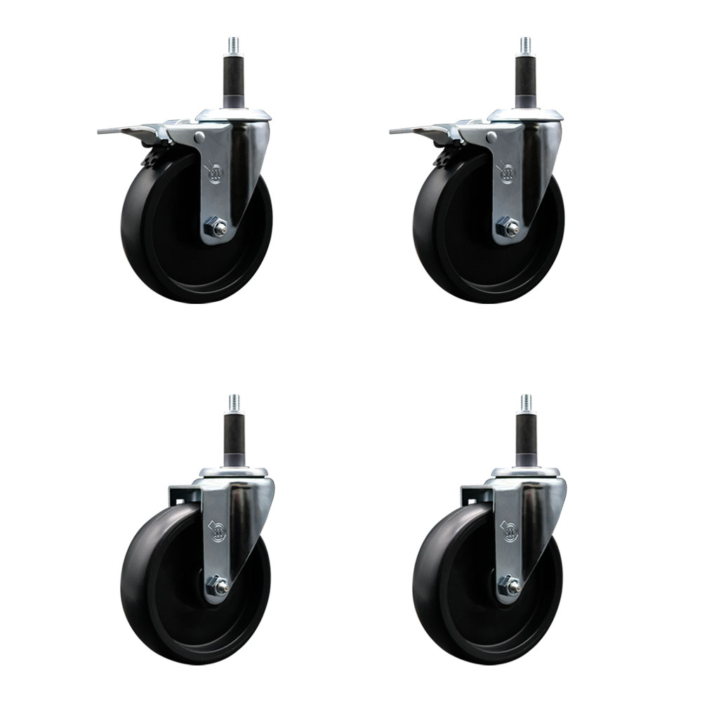 Polyolefin Swivel Expanding Stem Caster Wheels Set of 4 with 5 Inch Black Wheels and 1" Stems- Includes 2 Swivel with Total Lock Brakes and 2 Swivel-1400 lbs. Total Capacity - Service Caster Brand — photo 1