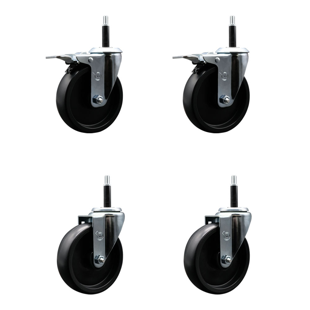 Polyolefin Swivel Expanding Stem Caster Wheels Set of 4 with 5 Inch Black Wheels and 3/4" Stems- Includes 2 Swivel with Total Lock Brakes and 2 Swivel-1400 lbs. Total Capacity - Service Caster Brand — photo 1
