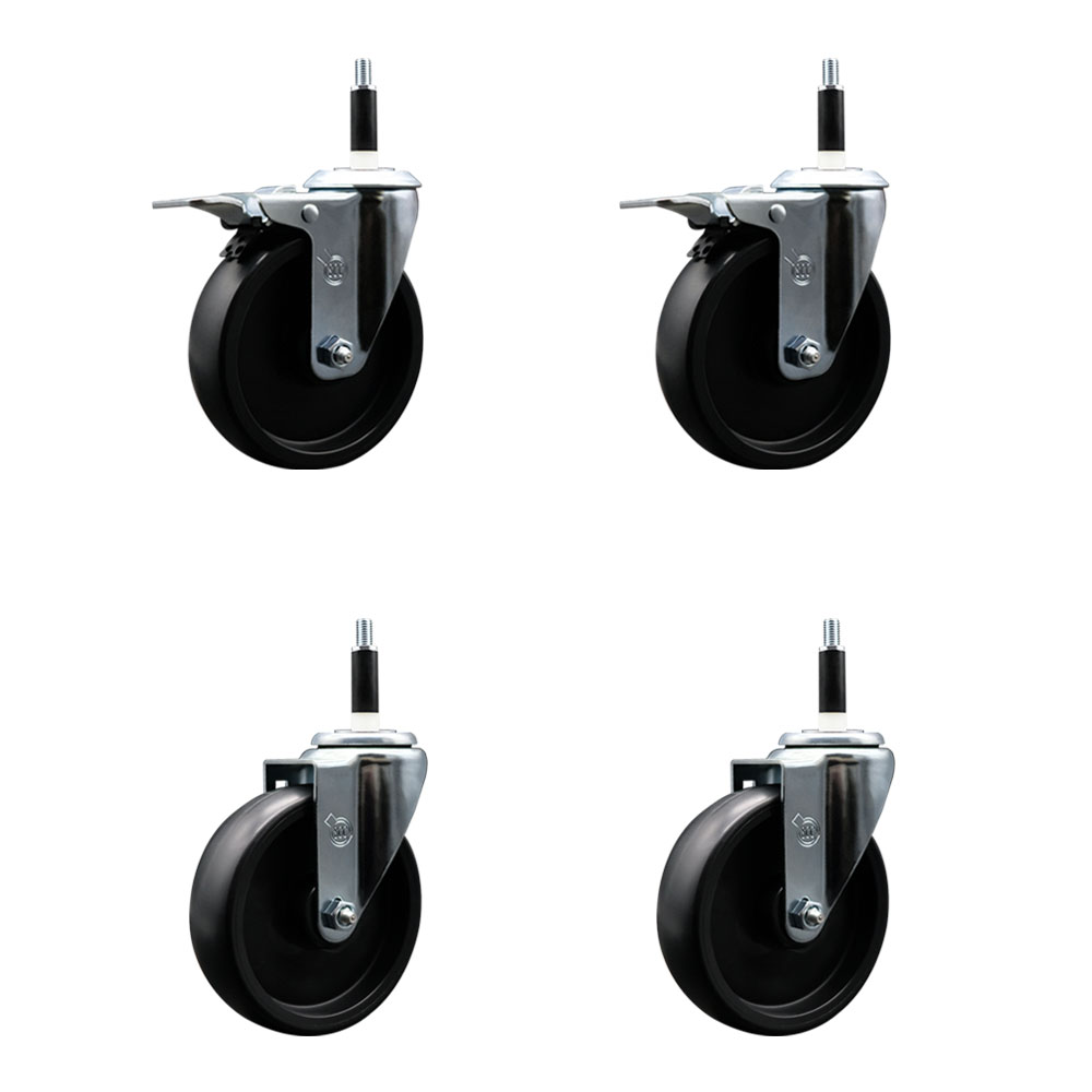 Polyolefin Swivel Expanding Stem Caster Wheels Set of 4 with 5 Inch Black Wheels and 7/8" Stems- Includes 2 Swivel with Total Lock Brakes and 2 Swivel-1400 lbs. Total Capacity - Service Caster Brand — photo 1