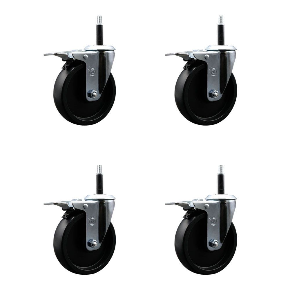 Polyolefin Swivel Expanding Stem Caster Wheels Set of 4 with 5 Inch Black Wheels and 3/4" Stems - Includes 4 Swivel with Total Lock Brakes - 1400 lbs. Total Capacity - Service Caster Brand — photo 1