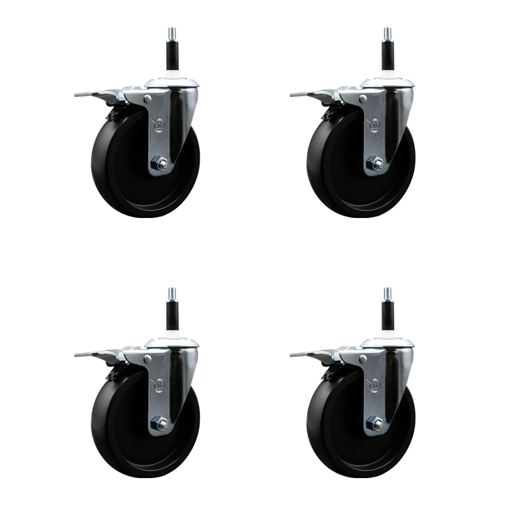 Polyolefin Swivel Expanding Stem Caster Wheels Set of 4 with 5 Inch Black Wheels and 7/8" Stems - Includes 4 Swivel with Total Lock Brakes - 1400 lbs. Total Capacity - Service Caster Brand — photo 1
