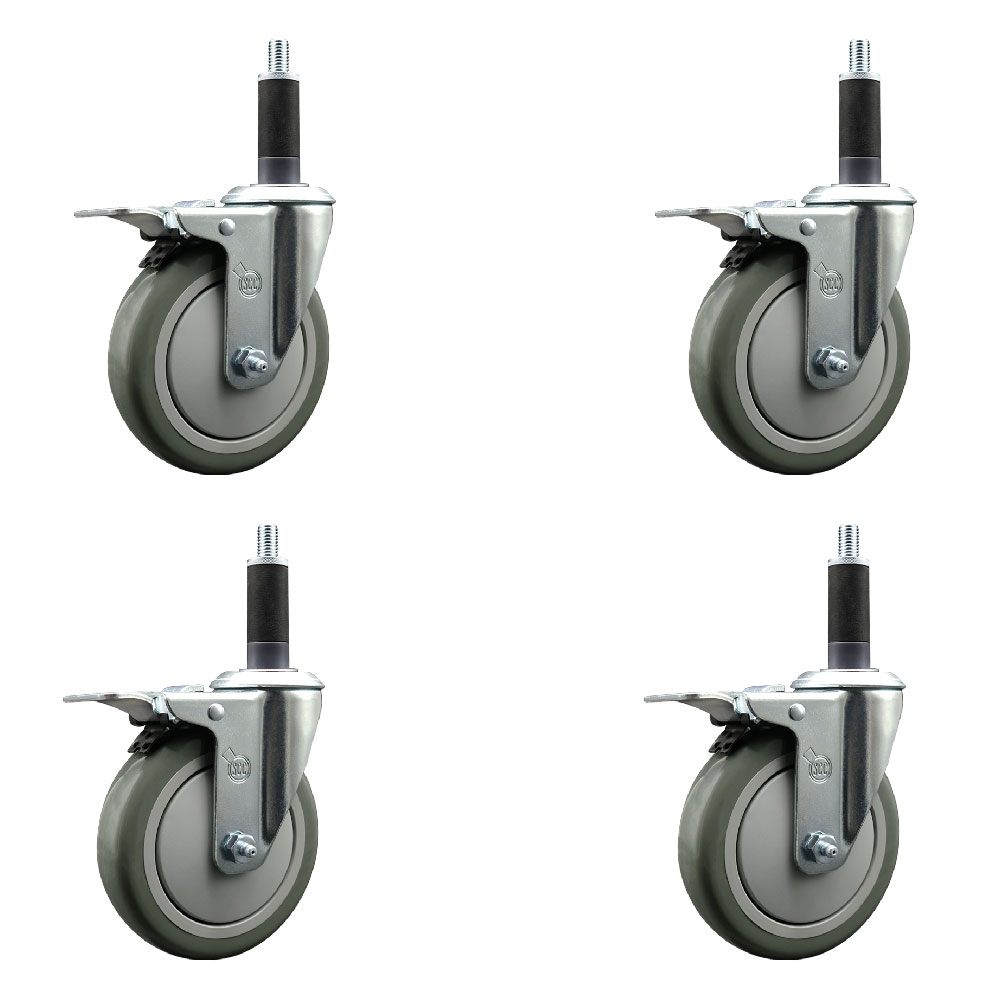 Polyurethane Swivel Expanding Stem Caster Set of 4 with 5 Inch Gray Wheels and 1" Stems - Includes 4 Swivel with Total Locking Brakes - 350 lbs. Capacity Per Caster - Service Caster Brand — photo 1