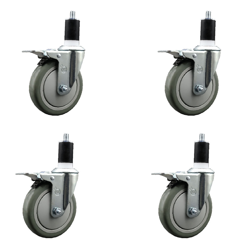Polyurethane Swivel Expanding Stem Caster Set of 4 with 5 Inch Gray Wheels and 1-1/2" Stems - Includes 4 Swivel with Total Locking Brakes - 350 lbs. Capacity Per Caster - Service Caster Brand — photo 1