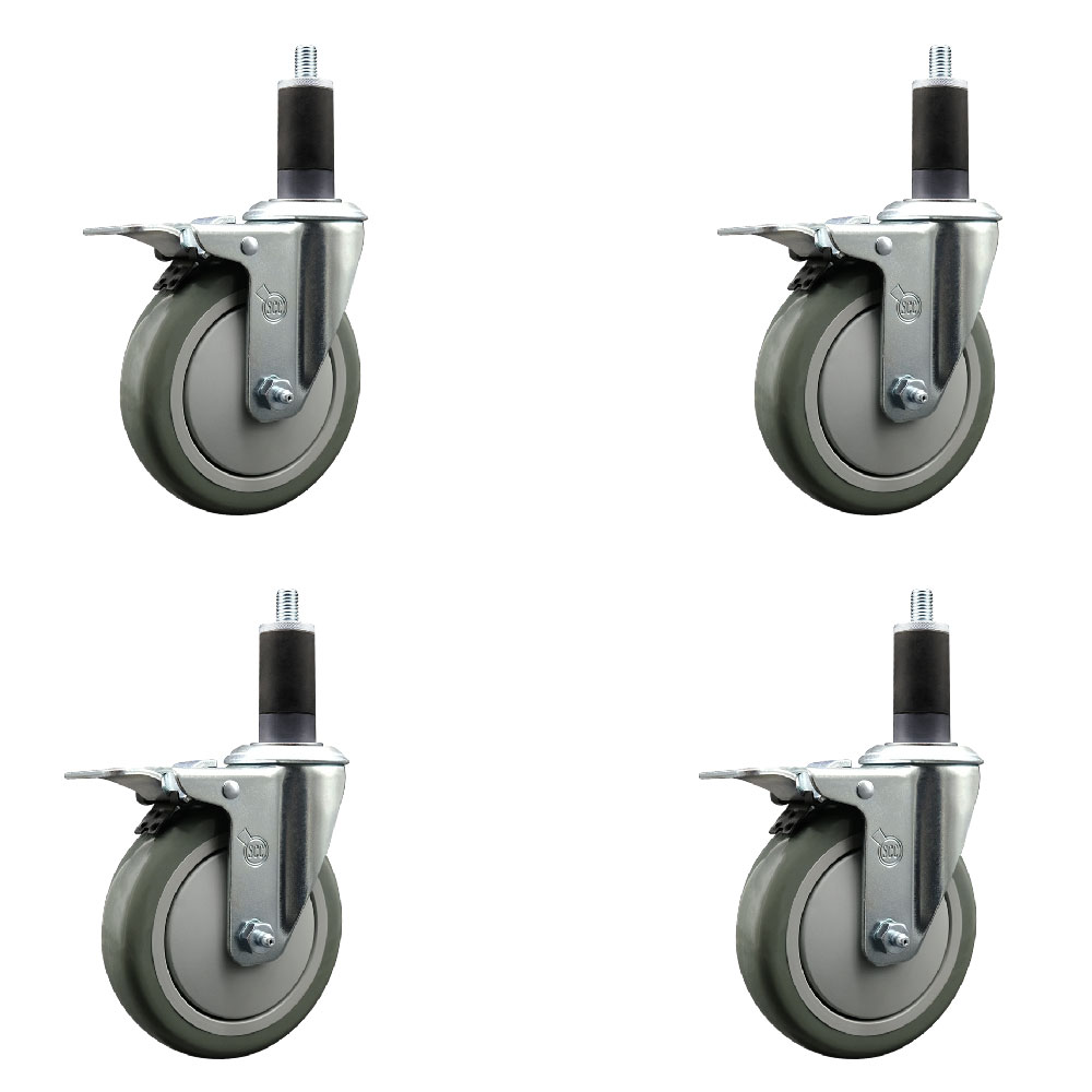 Polyurethane Swivel Expanding Stem Caster Set of 4 with 5 Inch Gray Wheels and 1-1/4" Stems - Includes 4 Swivel with Total Locking Brakes - 350 lbs. Capacity Per Caster - Service Caster Brand — photo 1