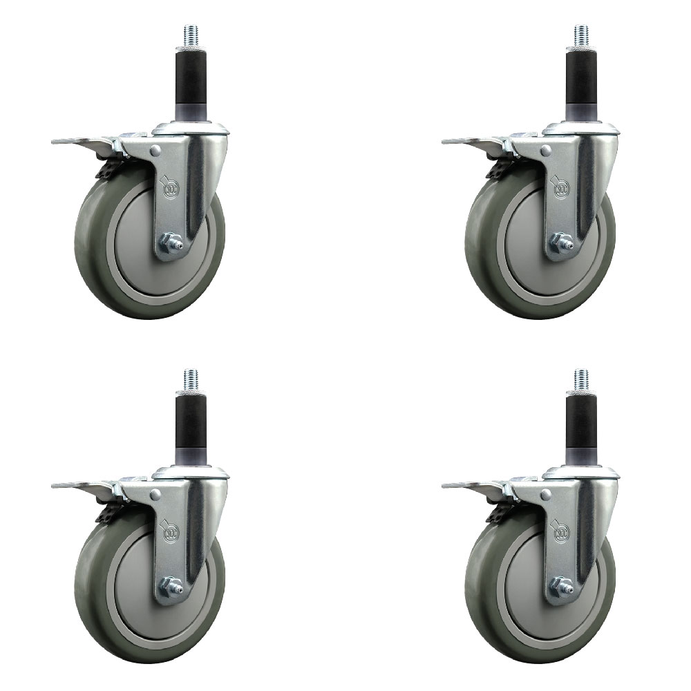 Polyurethane Swivel Expanding Stem Caster Set of 4 with 5 Inch Gray Wheels and 1-1/8" Stems - Includes 4 Swivel with Total Locking Brakes - 350 lbs. Capacity Per Caster - Service Caster Brand — photo 1