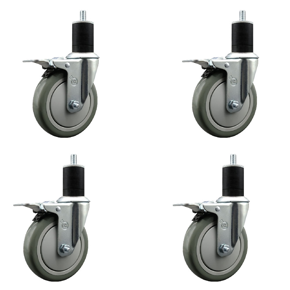 Stainless Steel Polyurethane Swivel Expanding Stem Caster Set of 4 with 5 Inch Gray Wheels and 1-3/4" Stems - 4 Swivel with Total Locking Brakes - 350 lbs. Capacity Per Caster - Service Caster Brand — photo 1
