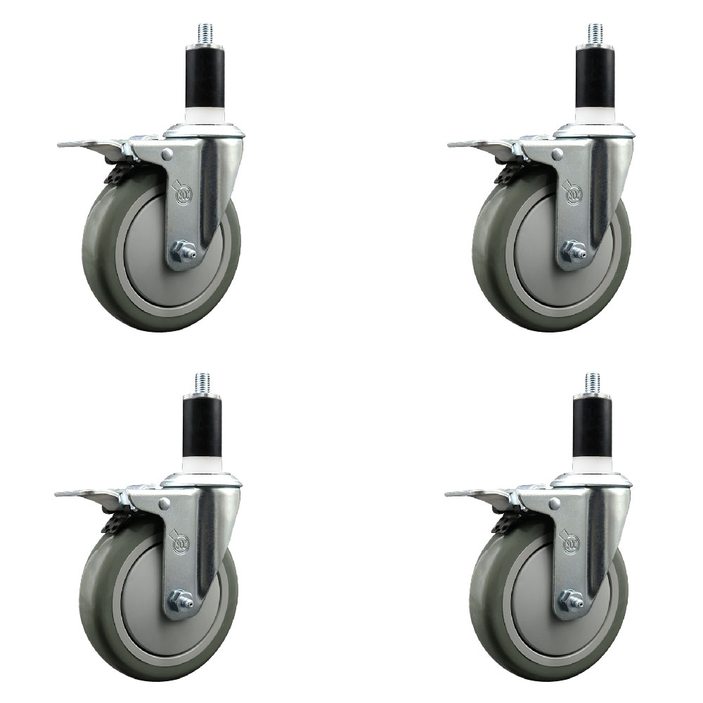 Stainless Steel Polyurethane Swivel Expanding Stem Caster Set of 4 with 5 Inch Gray Wheels and 1-3/8" Stems - 4 Swivel with Total Locking Brakes - 350 lbs. Capacity Per Caster - Service Caster Brand — photo 1