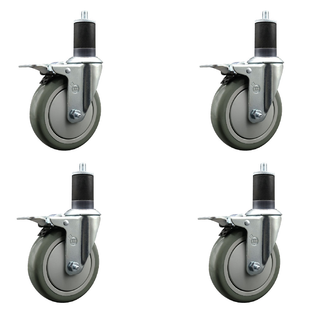 Polyurethane Swivel Expanding Stem Caster Set of 4 with 5 Inch Gray Wheels and 1-5/8" Stems - Includes 4 Swivel with Total Locking Brakes - 350 lbs. Capacity Per Caster - Service Caster Brand — photo 1