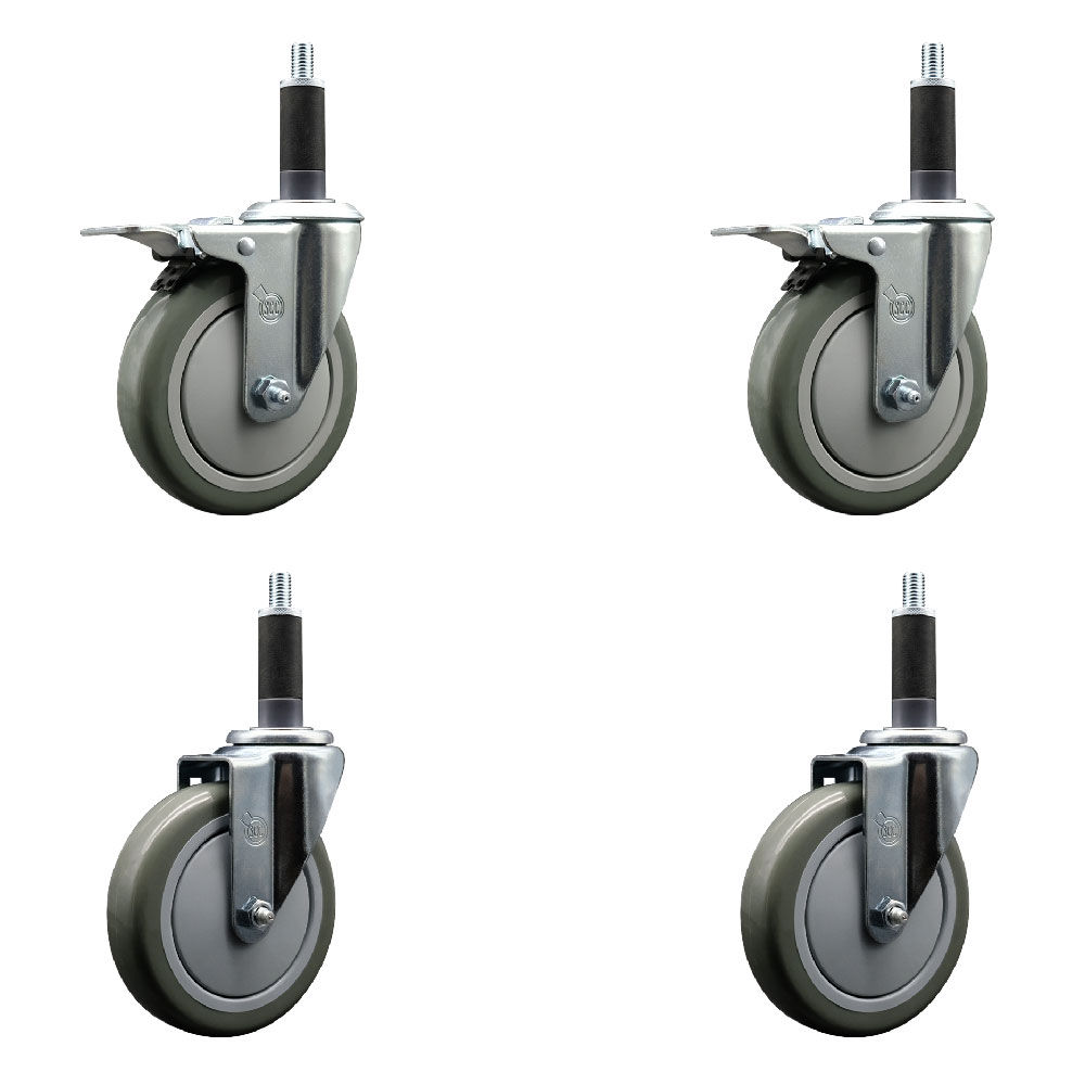 Stainless Steel Polyurethane Swivel Expanding Stem Caster Set of 4 with 5 Inch Gray Wheels and 1" Stems - Includes 2 with Total Locking Brakes - 1400 lbs Total Capacity - Service Caster Brand — photo 1